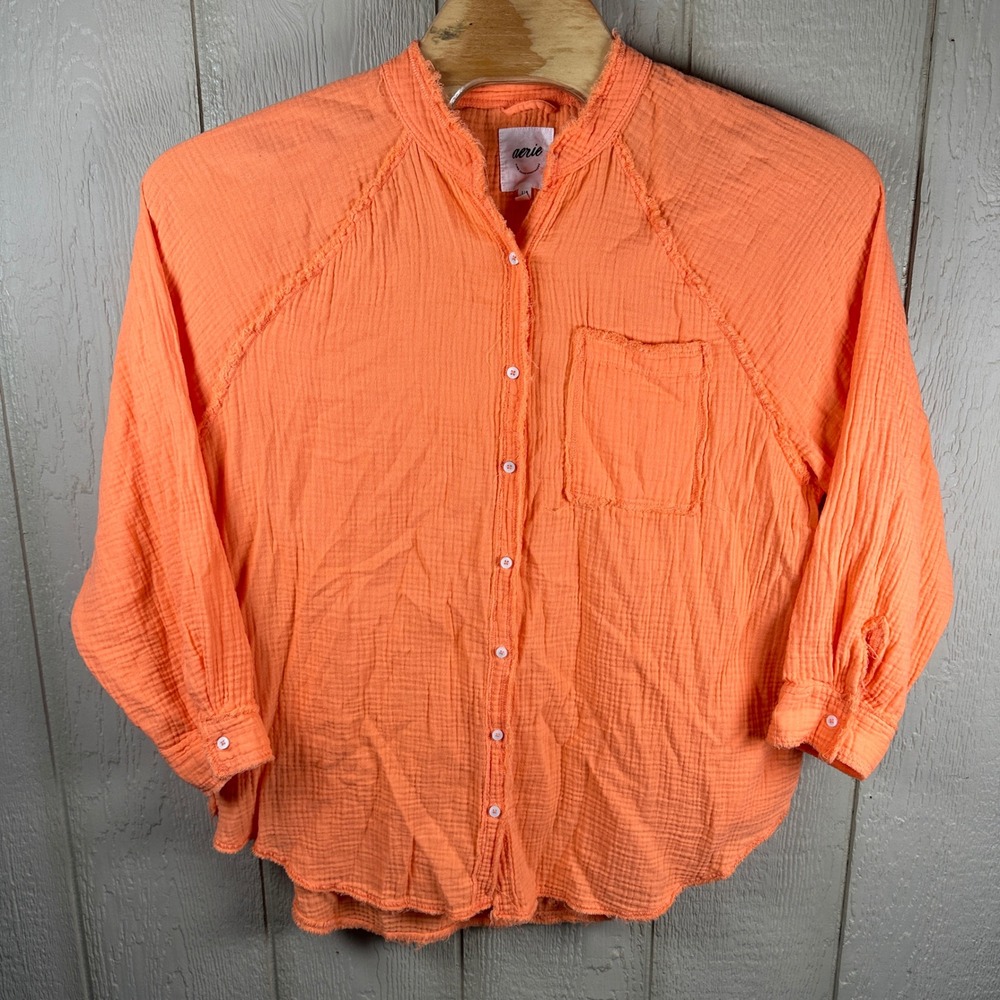 Aerie Button Up Tunic Shirt Womens Sz Large Orange Cotton Gauze Raw Hem Boho Top